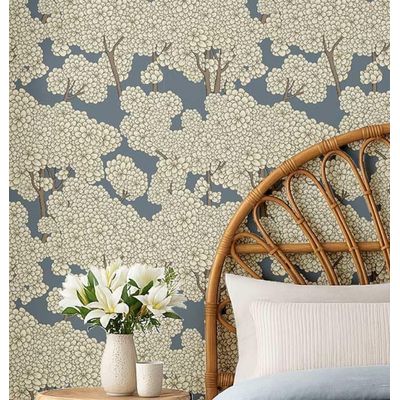 Revestimento Vinílico Autoadesivo Branco, Estampa Floral de Copa, Mural Estilo Asiático para Banheiro, Lavanderia e Closet - S4Sassy 63,5 cm (L) × 152,4 cm (C) / Branco - Vinil Texturizado