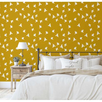 Papel de Parede Pássaros Voando Amarelo, Vinil Autoadesivo Decorativo, Revestimento DIY Fácil para Quarto, Sala e Ambientes - S4Sassy 63,5 cm (L) × 609,6 cm (C) / Amarelo - Vinil Texturizado