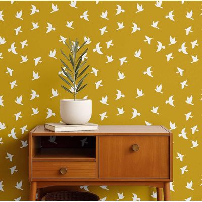 Papel de Parede Pássaros Voando Amarelo, Vinil Autoadesivo Decorativo, Revestimento DIY Fácil para Quarto, Sala e Ambientes - S4Sassy 63,5 cm (L) × 609,6 cm (C) / Amarelo - Vinil Texturizado