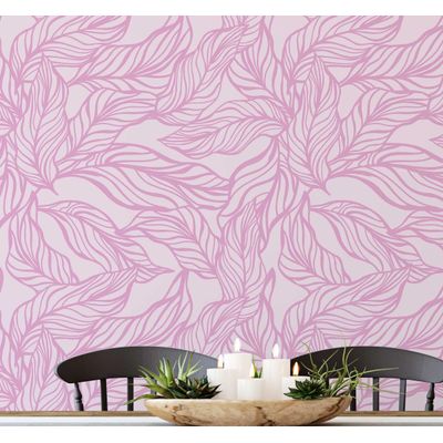 Papel de Parede Autoadesivo Rosa, Estampa Tropical de Folhas Desenhada à Mão, Impermeável e Removível para Quartos e Salas - S4Sassy 63,5 cm (L) × 609,6 cm (C) / Rosa - Vinil Texturizado