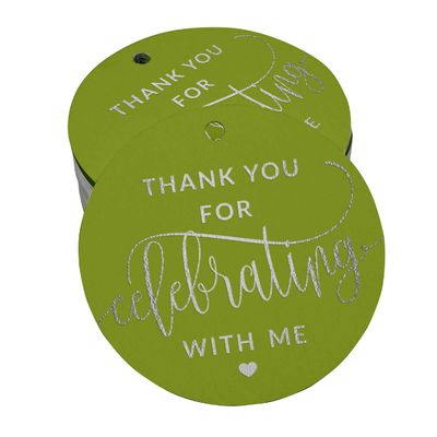 Etiquetas de Papel Penduradas para Lembrancinhas de Aniversário 'Obrigado por Celebrar Comigo' com Foil - Inkdotpot 50 Etiquetas Metalizadas / Verde - Prata