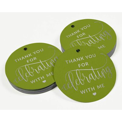 Etiquetas de Papel Penduradas para Lembrancinhas de Aniversário 'Obrigado por Celebrar Comigo' com Foil - Inkdotpot 50 Etiquetas Metalizadas / Verde - Prata
