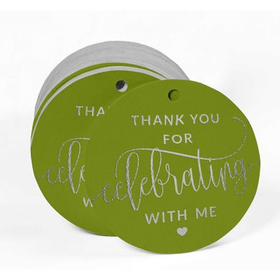 Etiquetas de Papel Penduradas para Lembrancinhas de Aniversário 'Obrigado por Celebrar Comigo' com Foil - Inkdotpot 50 Etiquetas Metalizadas / Verde - Prata