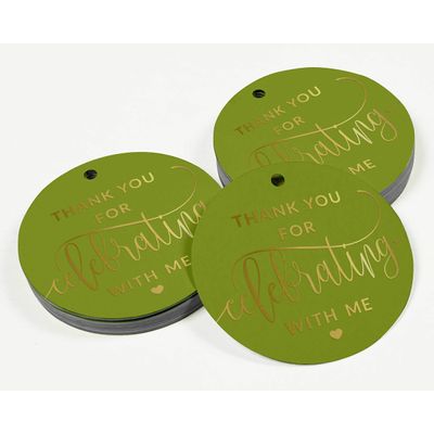 Etiquetas de Papel Penduradas para Lembrancinhas de Aniversário 'Obrigado por Celebrar Comigo' com Foil - Inkdotpot 50 Etiquetas Metalizadas / Verde - Prata