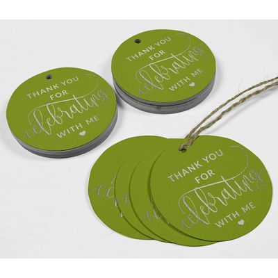 Etiquetas de Papel Penduradas para Lembrancinhas de Aniversário 'Obrigado por Celebrar Comigo' com Foil - Inkdotpot 50 Etiquetas Metalizadas / Verde - Prata