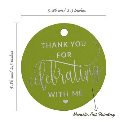 Etiquetas de Papel Penduradas para Lembrancinhas de Aniversário 'Obrigado por Celebrar Comigo' com Foil - Inkdotpot 50 Etiquetas Metalizadas / Verde - Prata