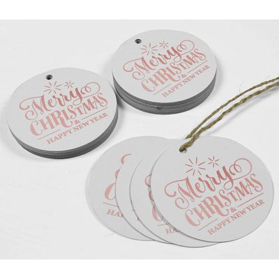 Etiquetas de Papel para Pendurar em Lembrancinhas com Texto 'Feliz Natal e Feliz Ano Novo' em Metalizado - Inkdotpot 100 Etiquetas Metalizadas / Branco - Ouro Rosé