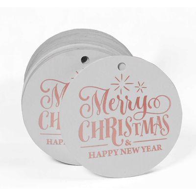 Etiquetas de Papel para Pendurar em Lembrancinhas com Texto 'Feliz Natal e Feliz Ano Novo' em Metalizado - Inkdotpot 100 Etiquetas Metalizadas / Branco - Ouro Rosé