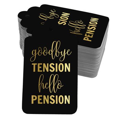 Etiquetas de Papel para Pendurar com Foil 'Adeus Tensão, Olá Aposentadoria' para Lembrancinhas - Inkdotpot 100 Etiquetas Metalizadas / Preto - Dourado