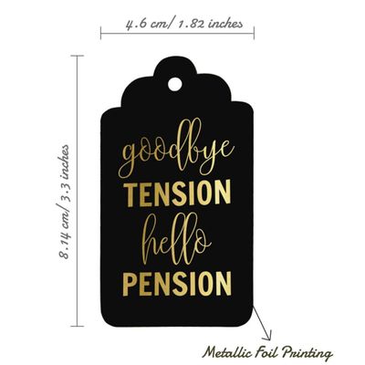 Etiquetas de Papel para Pendurar com Foil 'Adeus Tensão, Olá Aposentadoria' para Lembrancinhas - Inkdotpot 100 Etiquetas Metalizadas / Preto - Dourado