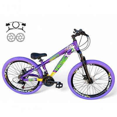 Bicicleta Aro 26 Vikingx Tuff Freio Hidráulico 21v Freeride Rodas Vmaxx Suspensão Pneu Flame Roxo-amarelo-Verde X25
