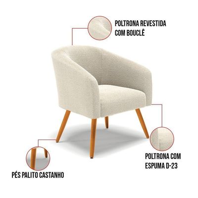 Kit 1 Sofá Namoradeira E 1 Poltrona Stella Bouclê Pés Palito Castanho - D'rossi Cor Bege