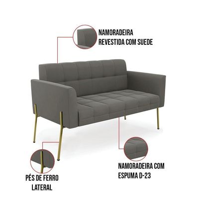 Sofá Namoradeira E 2 Poltronas Pé De Ferro Dourado Elisa Suede D03 - D'rossi Cor Grafite