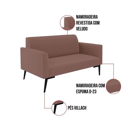 Sofá Namoradeira Com 2 Poltronas Pés Villach Marisa Veludo Rosê D03 - D'rossi