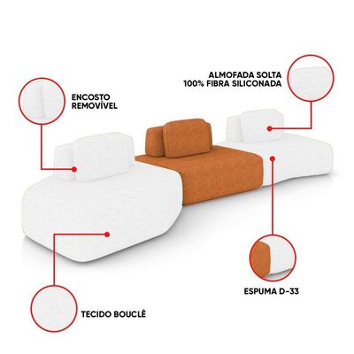 Sofá 3 Lugares Orgânico Com Chaise E 2 Módulos Berlim Bouclê Off K01 - D'rossi Cor Off White/caramelo