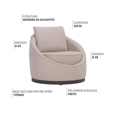 Poltrona Decorativa Base Aço Fixa Titânio Pietra Velusoft Bege - Nexta Casa