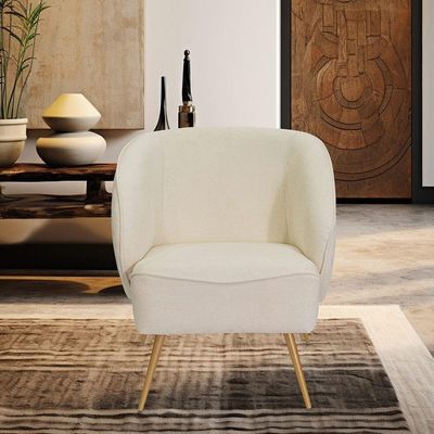 Poltrona Para Sala De Estar Agnes Pés Aço Ouro Fosco Bouclé Off White - Nexta Casa