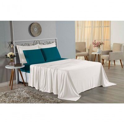 Jogo De Cama King Nobre 4 Peças Lençol Com Elástico De 30cm De Altura Malha 100% Algodão - Palha / Petróleo