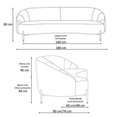 Sofá Curvo Porto 03 Lugares 180cm Pés Preto Bouclé Cinza Claro - Nexta Casa