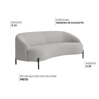 Sofá Curvo Porto 03 Lugares 180cm Pés Preto Bouclé Cinza Claro - Nexta Casa