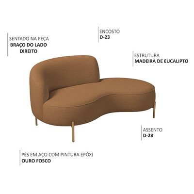 Sofá Curvo 3 Lugares 180cm Braço Dir. Thommy Pés Ouro Bouclé Terracota - Nexta Casa
