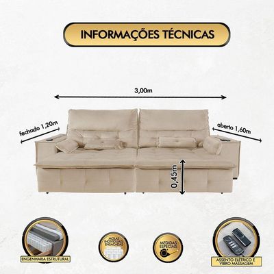 Sofá Fusion 3.00m Elétrico Com Usb E Vibro Massagem - Bege