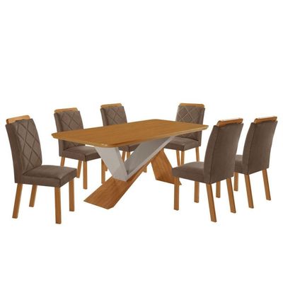 Mesa De Jantar Yasmin 180 Mdf Laminado E 6 Cadeiras Melissa Veludo Capuccino/naturale/off White