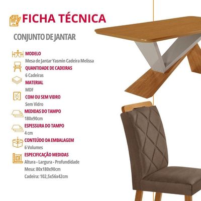 Mesa De Jantar Yasmin 180 Mdf Laminado E 6 Cadeiras Melissa Veludo Capuccino/naturale/off White