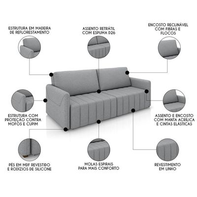 Sofá Cama Casal Retrátil 3 Lugares 220cm Atlas M22 Linho Cinza - Mpozenato