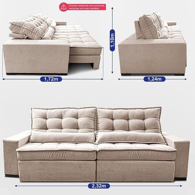 Sofá Retrátil E Reclinável 2,32m Molas Ensacadas Belle. Boucle Cama Inbox Bege Claro