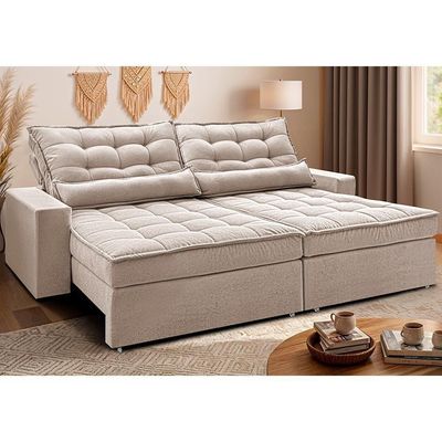 Sofá Retrátil E Reclinável 2,32m Molas Ensacadas Belle. Boucle Cama Inbox Bege Claro