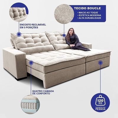 Sofá Retrátil E Reclinável 2,32m Molas Ensacadas Belle. Boucle Cama Inbox Bege Claro