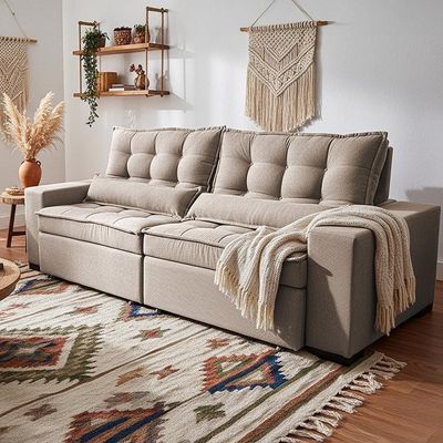 Sofá Retrátil E Reclinável 2,32m Molas Ensacadas Belle. Boucle Cama Inbox Bege Claro