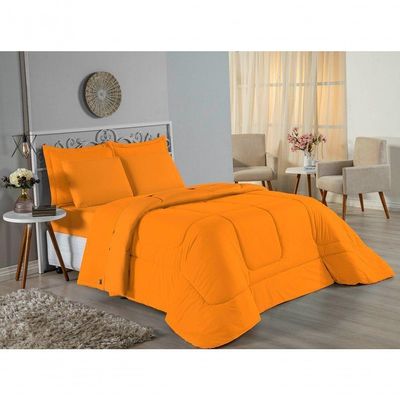 Kit Edredom Dupla Face + Jogo De Lençol Casal Viúva Nobre 6 Peças Malha 100% Algodão - Laranja