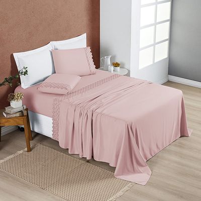 Jogo Cama Lençol Bouclê King Micro Percal 200 Fios c/ Laise Bordada 4 Peças - Sal Rosa
