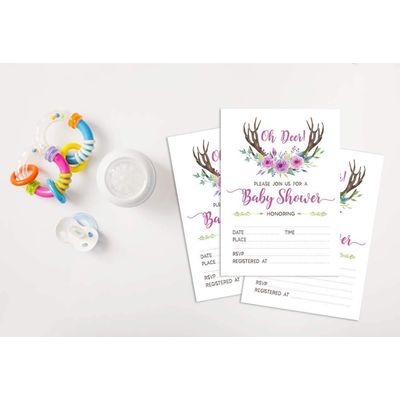 30 Cartões de Chá de Bebê para Preencher, Tema Antler (Menina), Animais da Selva, em Branco - Inkdotpot 12,7 Cm × 17,78 Cm / Branco - Convite