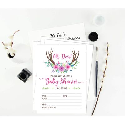 30 Cartões de Chá de Bebê para Preencher, Tema Antler (Menina), Animais da Selva, em Branco - Inkdotpot 12,7 Cm × 17,78 Cm / Branco - Convite