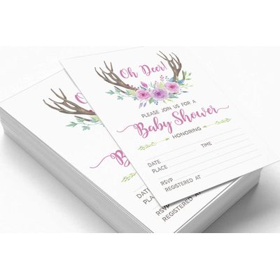 30 Cartões de Chá de Bebê para Preencher, Tema Antler (Menina), Animais da Selva, em Branco - Inkdotpot 12,7 Cm × 17,78 Cm / Branco - Convite