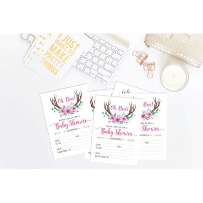 30 Cartões de Chá de Bebê para Preencher, Tema Antler (Menina), Animais da Selva, em Branco - Inkdotpot 12,7 Cm × 17,78 Cm / Branco - Convite