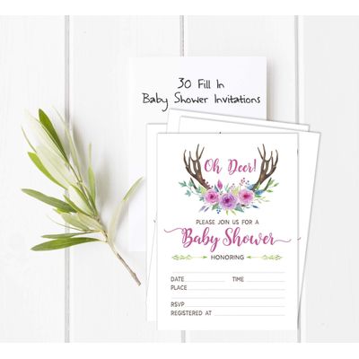 30 Cartões de Chá de Bebê para Preencher, Tema Antler (Menina), Animais da Selva, em Branco - Inkdotpot 12,7 Cm × 17,78 Cm / Branco - Convite
