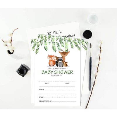 30 Cartões de Chá de Bebê com Animais da Selva, Neutros Quanto ao Gênero para Preencher - Inkdotpot 12,7 Cm × 17,78 Cm / Branco - Convite