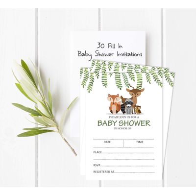 30 Cartões de Chá de Bebê com Animais da Selva, Neutros Quanto ao Gênero para Preencher - Inkdotpot 12,7 Cm × 17,78 Cm / Branco - Convite