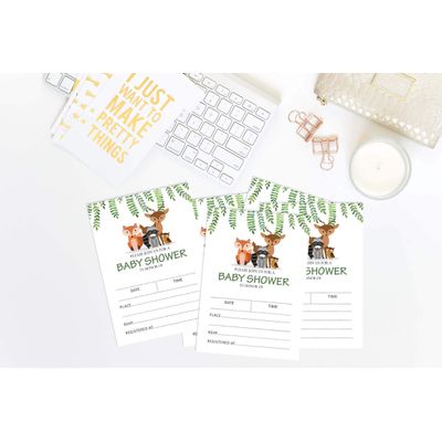 30 Cartões de Chá de Bebê com Animais da Selva, Neutros Quanto ao Gênero para Preencher - Inkdotpot 12,7 Cm × 17,78 Cm / Branco - Convite