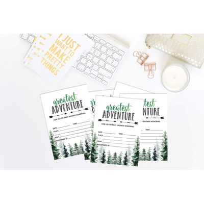 30 Cartões Preenchíveis para Chá de Bebê 'A Maior Aventura' com Animais da Selva - Inkdotpot 12,7 Cm × 17,78 Cm / Branco - Convite