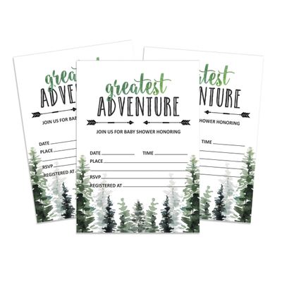 30 Cartões Preenchíveis para Chá de Bebê 'A Maior Aventura' com Animais da Selva - Inkdotpot 12,7 Cm × 17,78 Cm / Branco - Convite