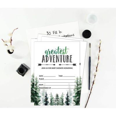 30 Cartões Preenchíveis para Chá de Bebê 'A Maior Aventura' com Animais da Selva - Inkdotpot 12,7 Cm × 17,78 Cm / Branco - Convite