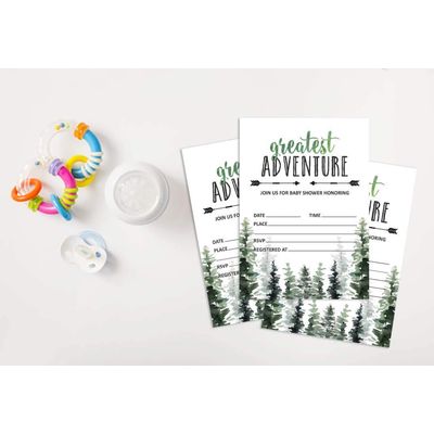 30 Cartões Preenchíveis para Chá de Bebê 'A Maior Aventura' com Animais da Selva - Inkdotpot 12,7 Cm × 17,78 Cm / Branco - Convite