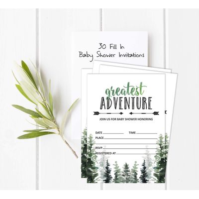 30 Cartões Preenchíveis para Chá de Bebê 'A Maior Aventura' com Animais da Selva - Inkdotpot 12,7 Cm × 17,78 Cm / Branco - Convite