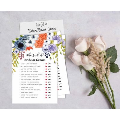 50 Cartões de Jogo Florais para Chá de Noiva e Despedida de Solteira, Quadrados em Branco para Preencher Ideias de Presente - Inkdotpot 12,7 Cm × 17,78 Cm / Branco - Ele Disse, Ela Disse