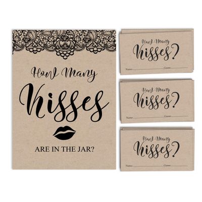 50 Cartões Quadrados Kraft em Branco com Renda Preta Vitoriana para Jogo de Chá de Noiva/Casamento/Despedida de Solteira - Inkdotpot 8,89 Cm × 5,08 Cm / Branco - Quantos Beijos?